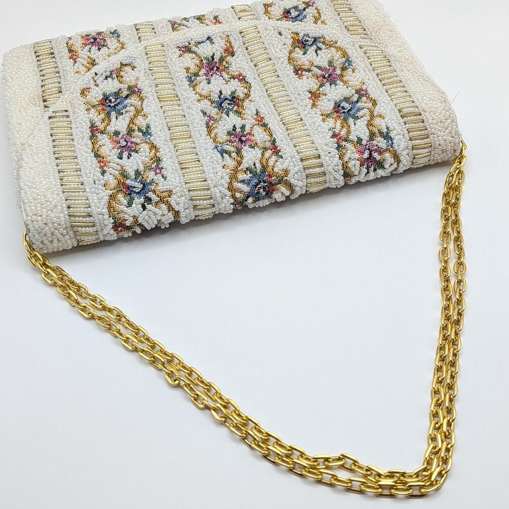 Vintage Tapestry Floral White Beaded Purse Shoulder Bag Adjustable Chain Strap - Picture 12 of 12